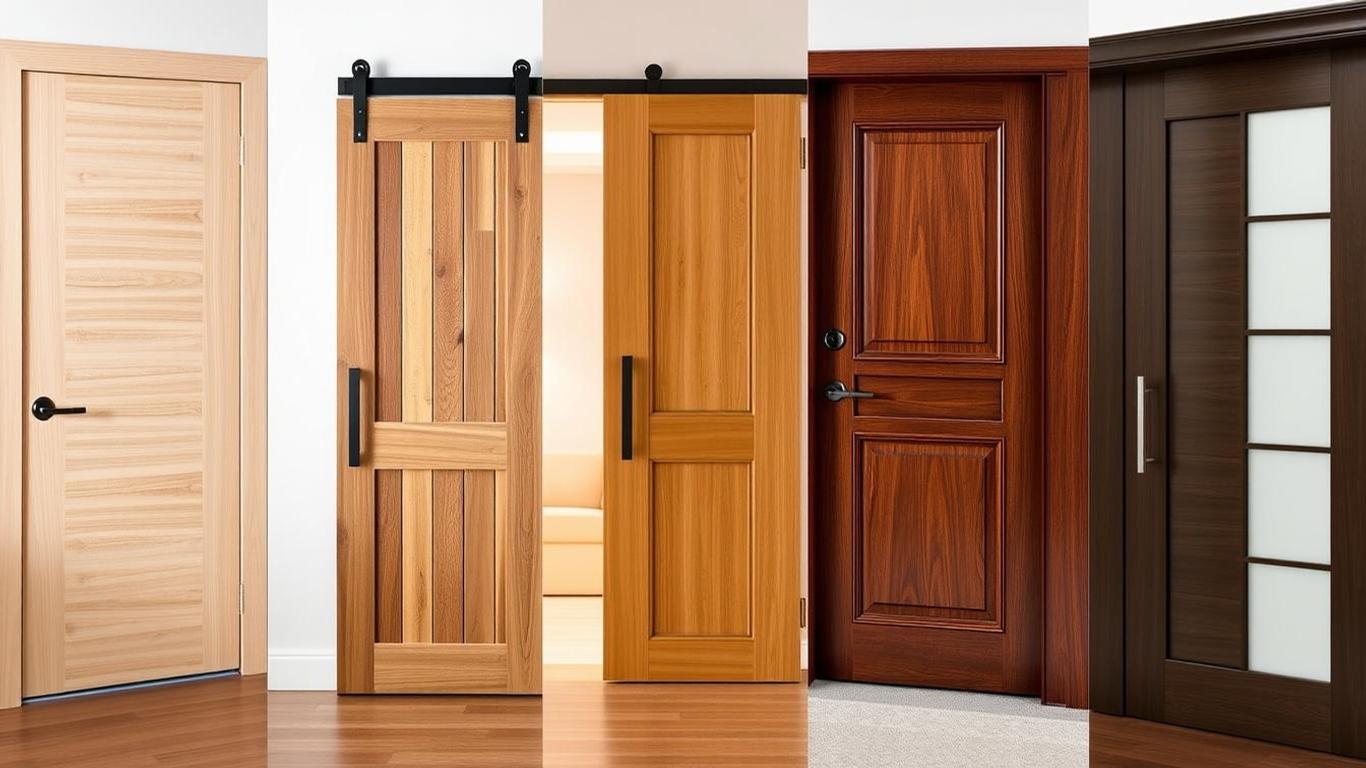 Top 5 trending wooden door designs for modern Abu Dhabi homes in 2025, featuring minimalist, sliding barn-style, double, glass insert, and dark-toned door styles, showcasing elegance and contemporary craftsmanship